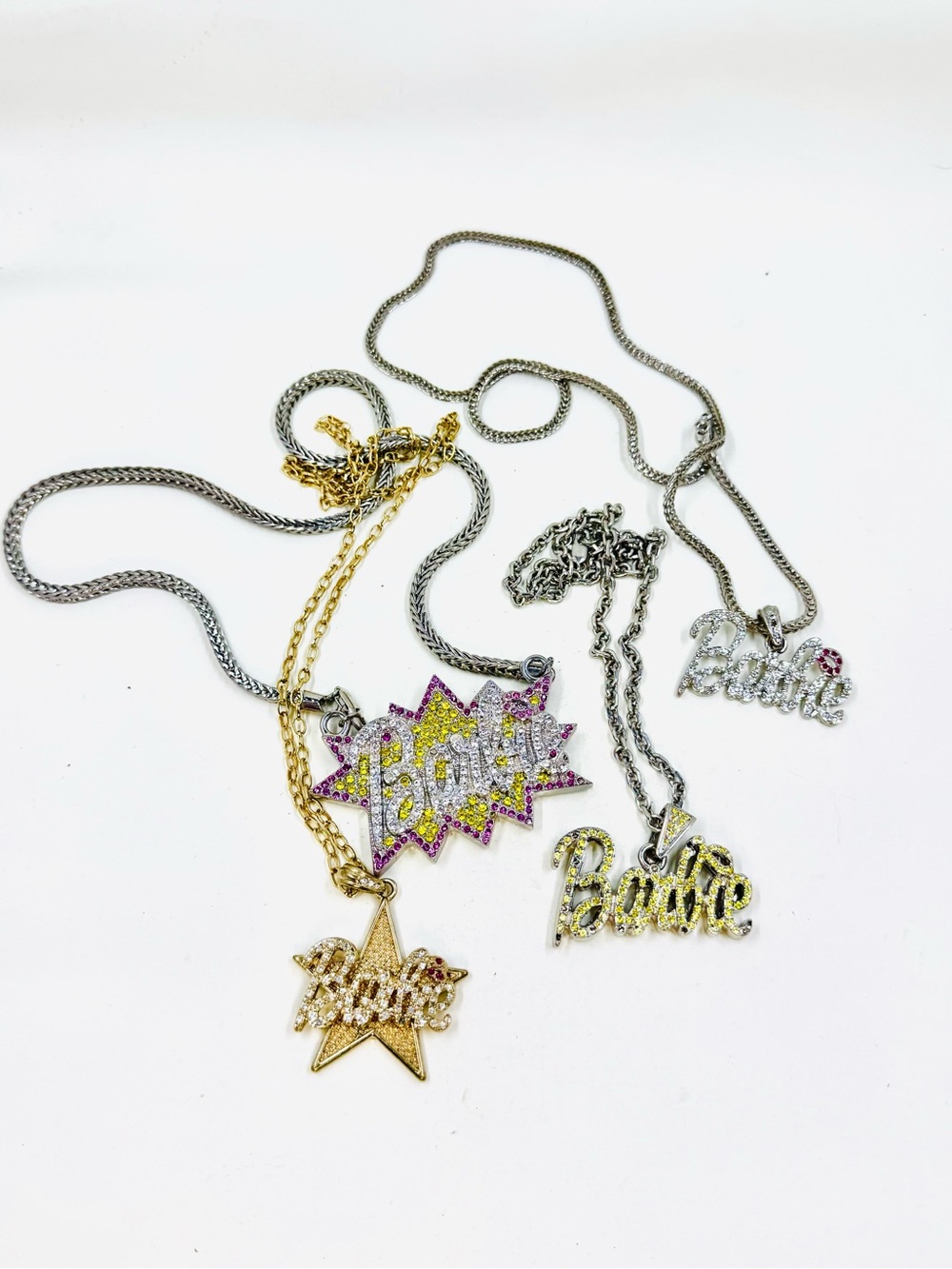 Gold & Silver Tone Barbie Script and Star Pendant Necklace Set of 4